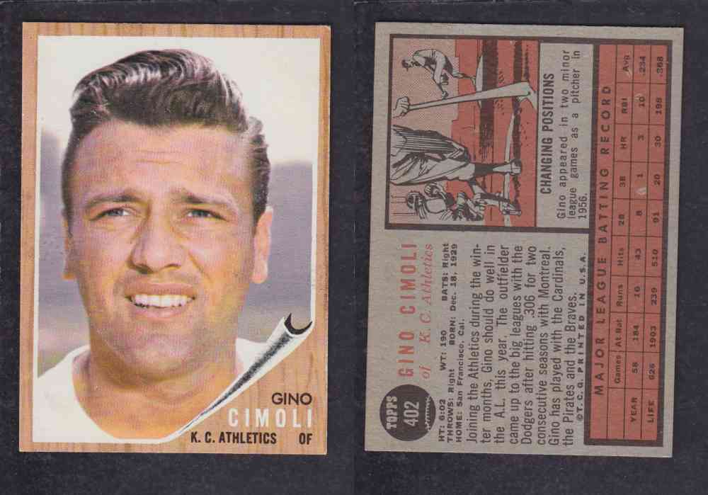 1962 TOPPS BASEBALL CARD #402 G. CIMOLI photo 1962 TOPPS BASEBALL CARD #402 G. CIMOLI photo