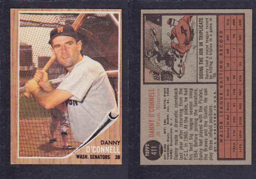 1962 TOPPS BASEBALL CARD #411 D. O`CONNELL photo 1962 TOPPS BASEBALL CARD #411 D. O`CONNELL photo