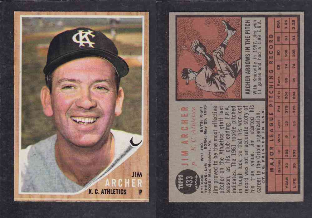 1962 TOPPS BASEBALL CARD #433 J. ARCHER photo 1962 TOPPS BASEBALL CARD #433 J. ARCHER photo