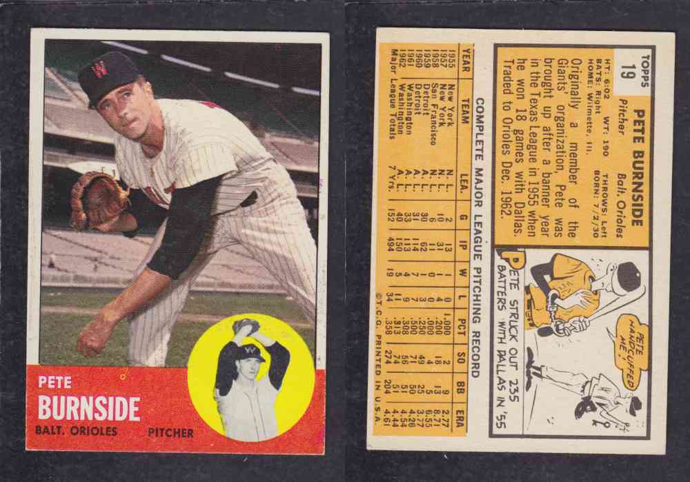 1963 TOPPS BASEBALL CARD #19 P. BURNSIDE photo 1963 TOPPS BASEBALL CARD #19 P. BURNSIDE photo