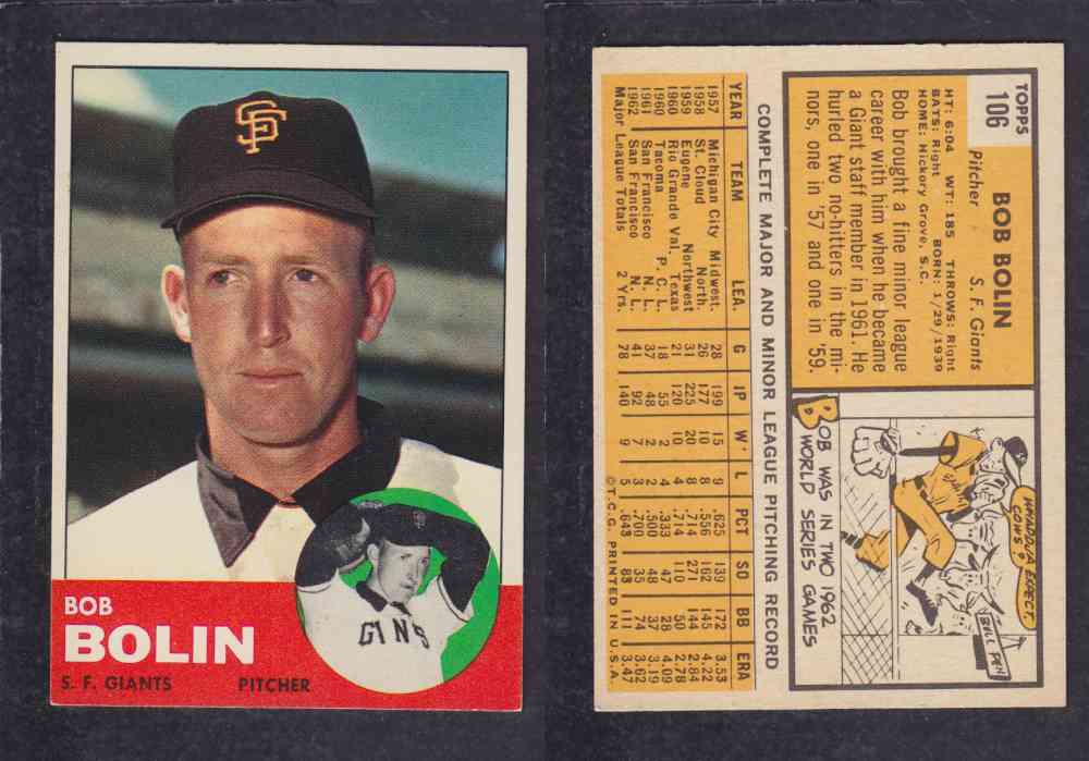 1963 TOPPS BASEBALL CARD #106 B. BOLIN photo 1963 TOPPS BASEBALL CARD #106 B. BOLIN photo