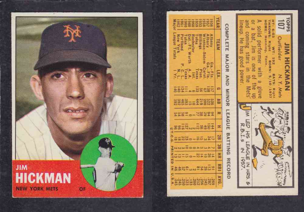1963 TOPPS BASEBALL CARD #107 J. HICKMAN photo 1963 TOPPS BASEBALL CARD #107 J. HICKMAN photo