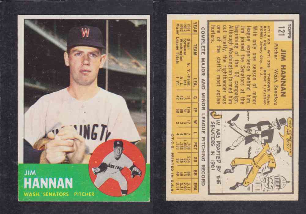 1963 TOPPS BASEBALL CARD #121 J. HANNAN photo 1963 TOPPS BASEBALL CARD #121 J. HANNAN photo