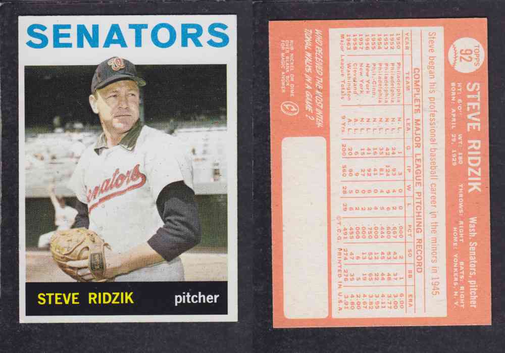 1964 TOPPS BASEBALL CARD #92 S. RIDZIK photo 1964 TOPPS BASEBALL CARD #92 S. RIDZIK photo