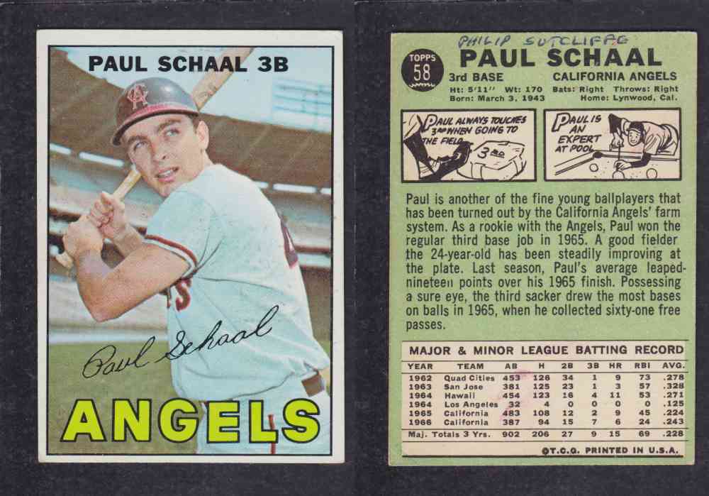 1967 TOPPS BASEBALL CARD #58 P. SCHALL photo 1967 TOPPS BASEBALL CARD #58 P. SCHALL photo