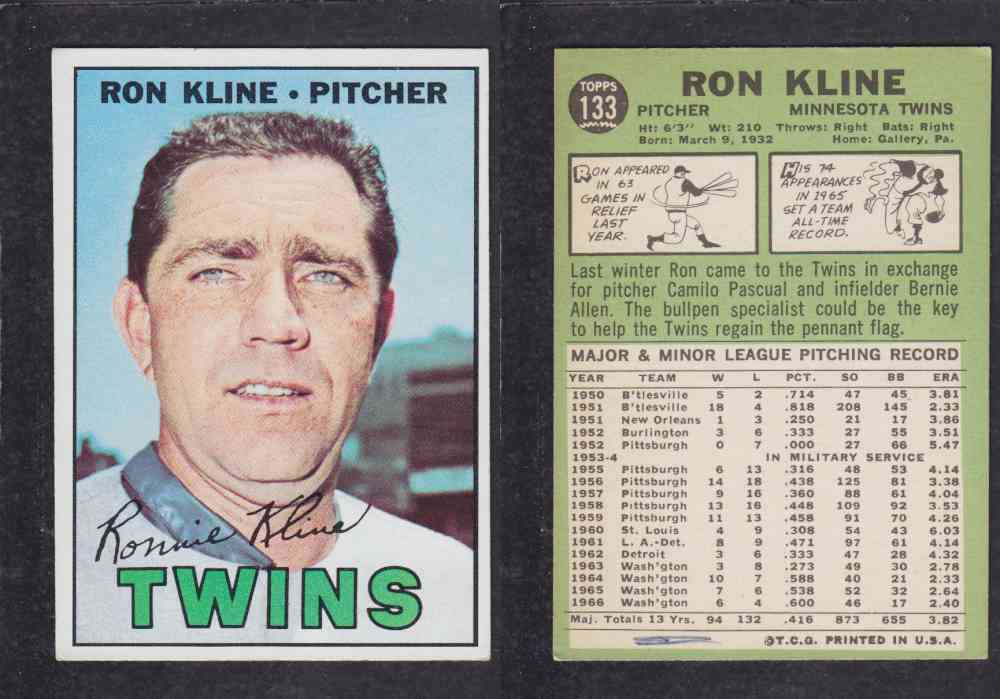 1967 TOPPS BASEBALL CARD #133 R. KLINE photo 1967 TOPPS BASEBALL CARD #133 R. KLINE photo