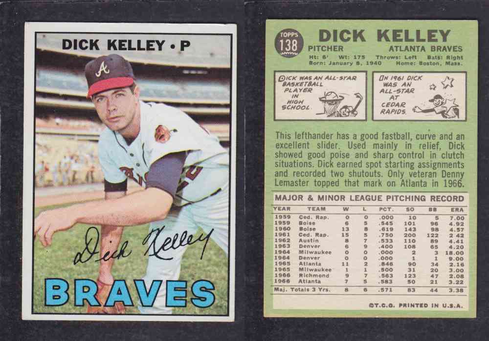 1967 TOPPS BASEBALL CARD #138 D. KELLEY photo 1967 TOPPS BASEBALL CARD #138 D. KELLEY photo