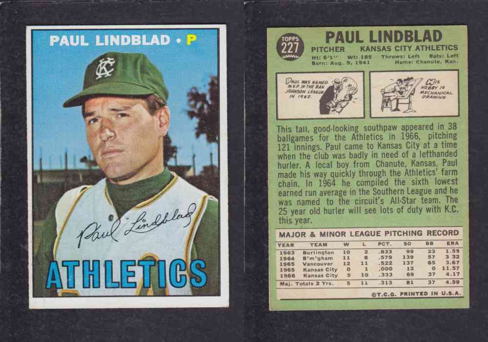 1967 TOPPS BASEBALL CARD #227 P. LINDBLAD photo 1967 TOPPS BASEBALL CARD #227 P. LINDBLAD photo