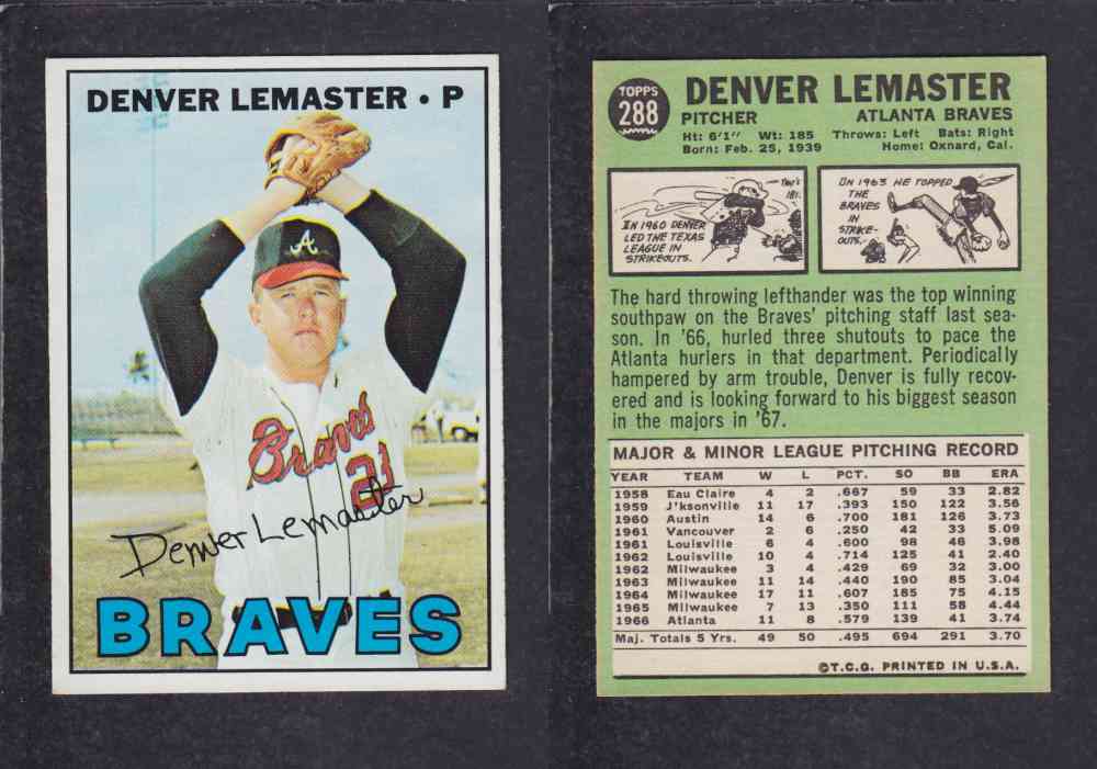 1967 TOPPS BASEBALL CARD #288 D. LEMASTER photo 1967 TOPPS BASEBALL CARD #288 D. LEMASTER photo