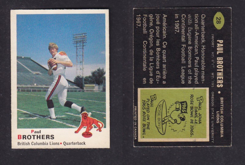 1970 CFL O-PEE-CHEE FOOTBALL CARD #28 P. BROTHERS photo 1970 CFL O-PEE-CHEE FOOTBALL CARD #28 P. BROTHERS photo