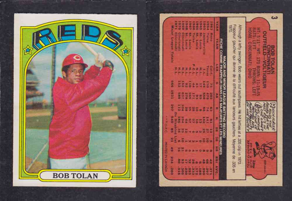 1972 O-PEE-CHEE BASEBALL CARD #3 B. TOLAN photo 1972 O-PEE-CHEE BASEBALL CARD #3 B. TOLAN photo