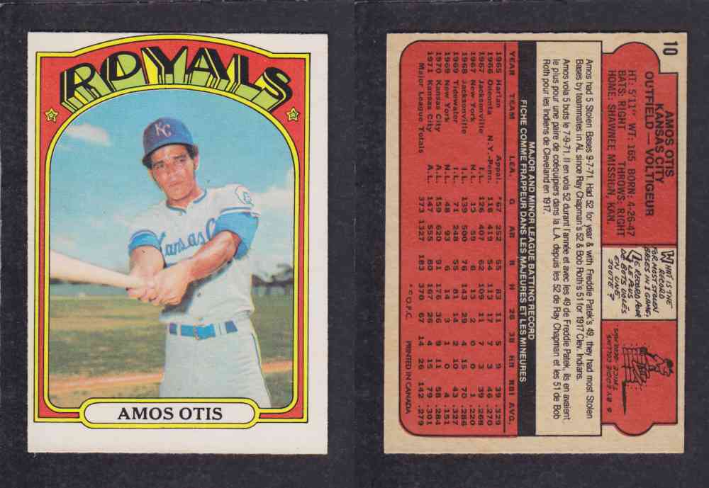 1972 O-PEE-CHEE BASEBALL CARD #10 A. OTIS photo 1972 O-PEE-CHEE BASEBALL CARD #10 A. OTIS photo