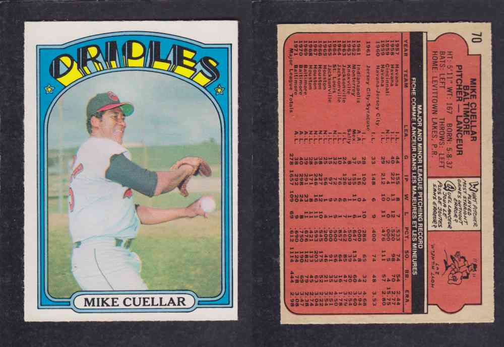 1972 O-PEE-CHEE BASEBALL CARD #70 M. CUELLAR photo 1972 O-PEE-CHEE BASEBALL CARD #70 M. CUELLAR photo