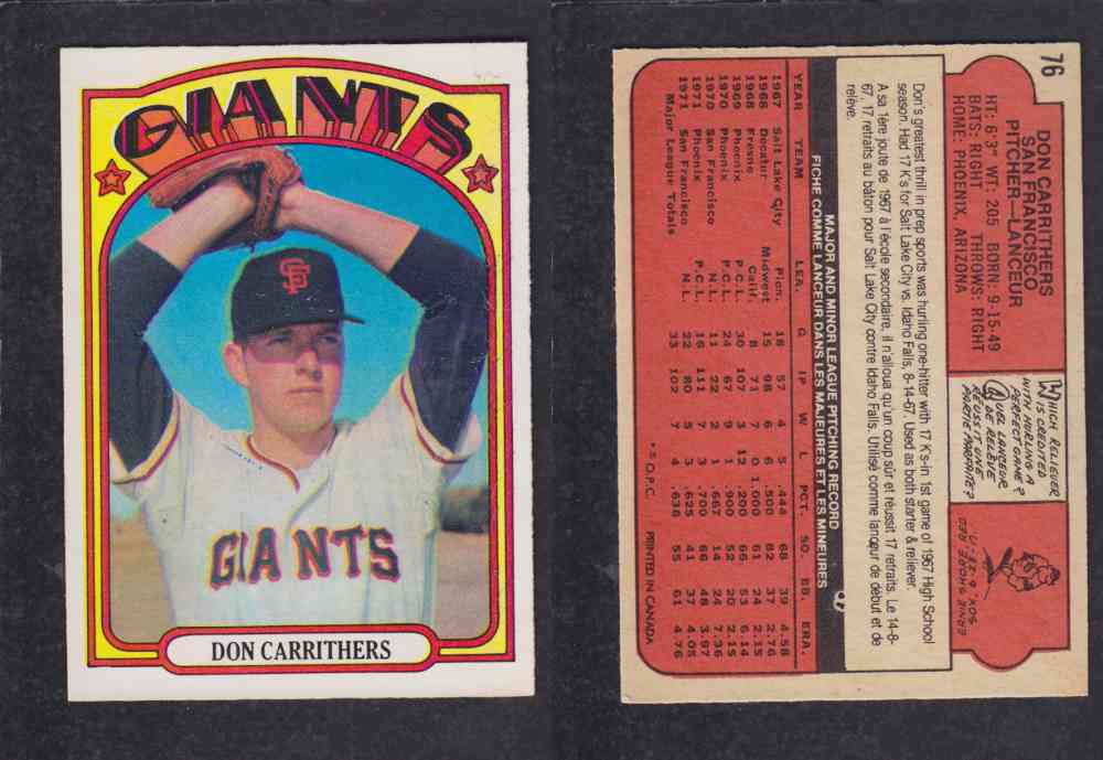 1972 O-PEE-CHEE BASEBALL CARD #76 D. CARRITHERS photo 1972 O-PEE-CHEE BASEBALL CARD #76 D. CARRITHERS photo