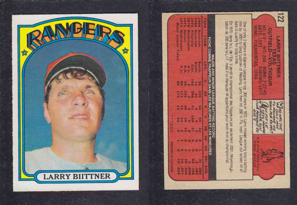 1972 O-PEE-CHEE BASEBALL CARD #122 L. BIITTNER photo 1972 O-PEE-CHEE BASEBALL CARD #122 L. BIITTNER photo
