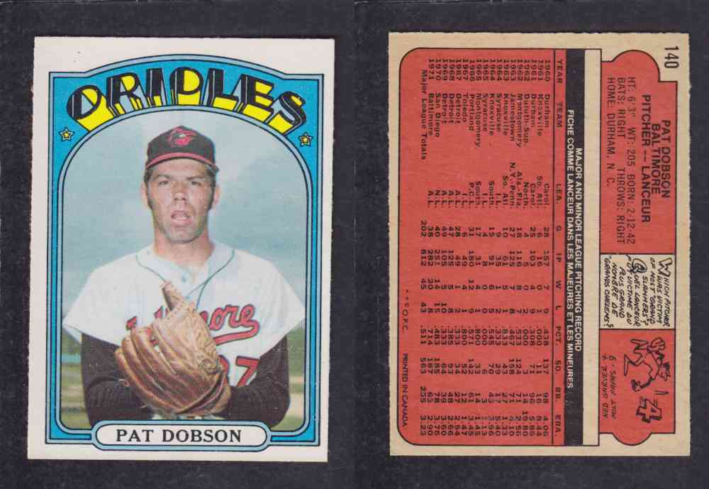 1972 O-PEE-CHEE BASEBALL CARD #140 P. DOBSON photo 1972 O-PEE-CHEE BASEBALL CARD #140 P. DOBSON photo