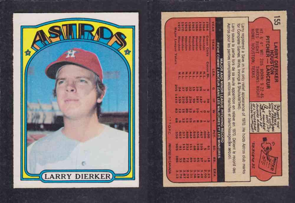 1972 O-PEE-CHEE BASEBALL CARD #155 L. DIERKER photo 1972 O-PEE-CHEE BASEBALL CARD #155 L. DIERKER photo