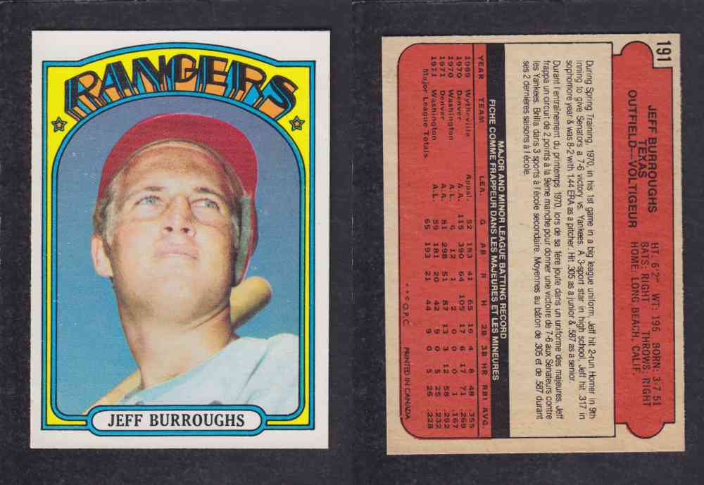 1972 O-PEE-CHEE BASEBALL CARD #191 J. BURROUGHS photo 1972 O-PEE-CHEE BASEBALL CARD #191 J. BURROUGHS photo