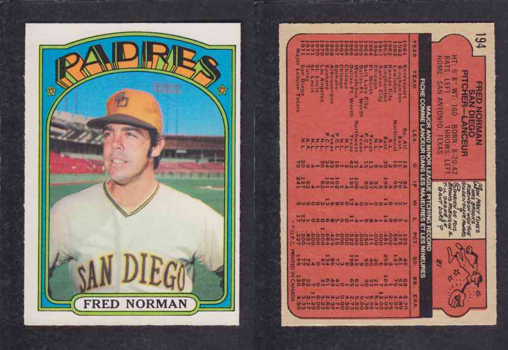 1972 O-PEE-CHEE BASEBALL CARD #194 F. NORMAN photo 1972 O-PEE-CHEE BASEBALL CARD #194 F. NORMAN photo
