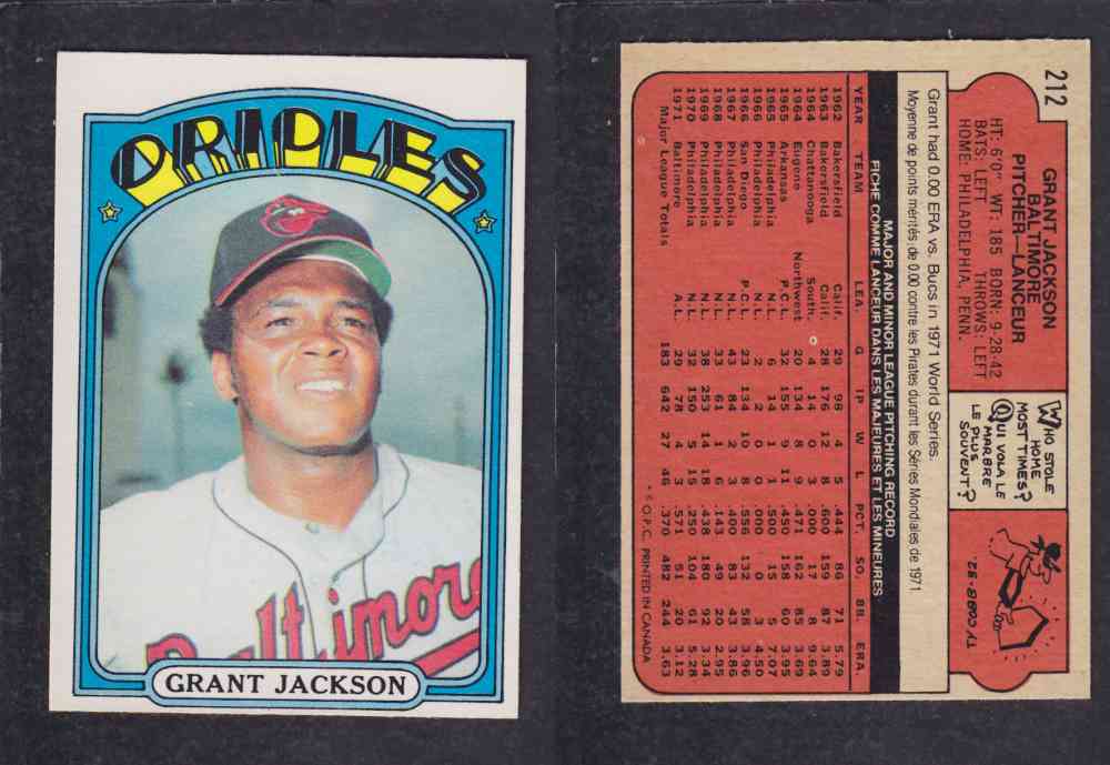 1972 O-PEE-CHEE BASEBALL CARD #212 G. JACKSON photo 1972 O-PEE-CHEE BASEBALL CARD #212 G. JACKSON photo
