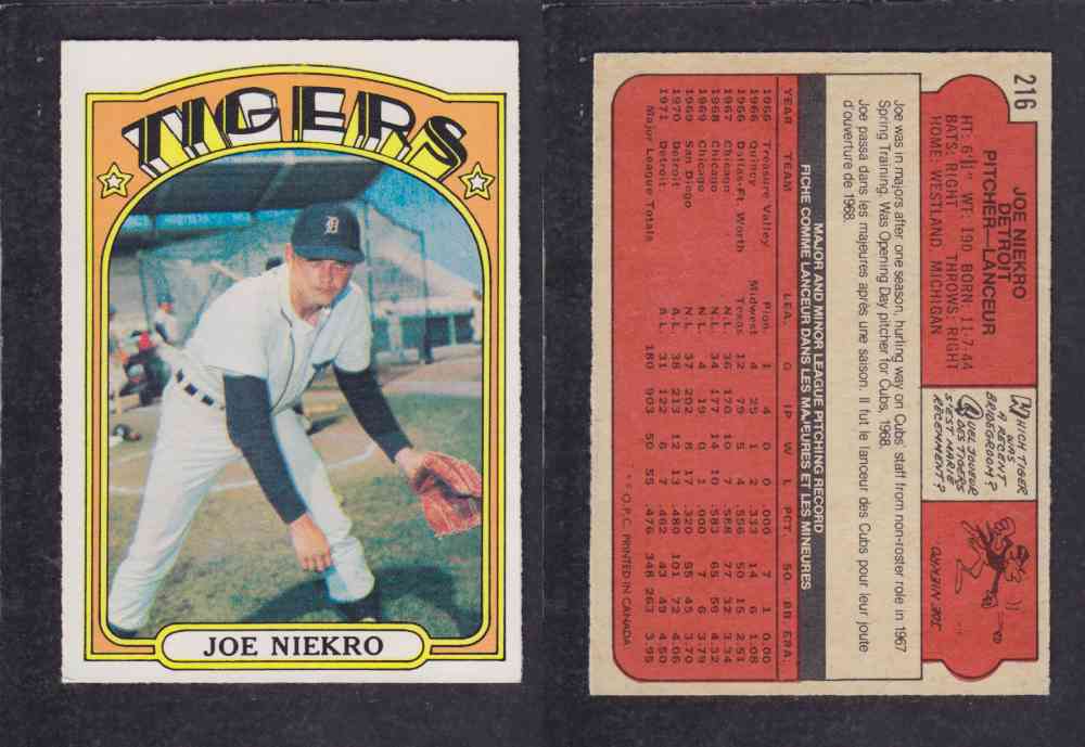 1972 O-PEE-CHEE BASEBALL CARD #216 J. NIEKRO photo 1972 O-PEE-CHEE BASEBALL CARD #216 J. NIEKRO photo