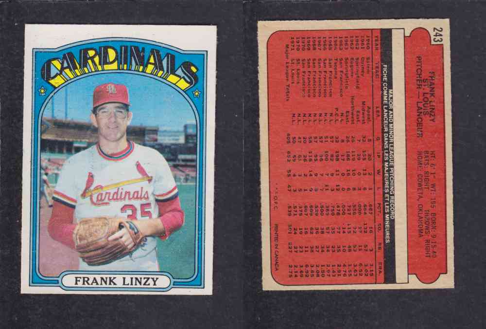 1972 O-PEE-CHEE BASEBALL CARD #243 F. LINZY photo 1972 O-PEE-CHEE BASEBALL CARD #243 F. LINZY photo