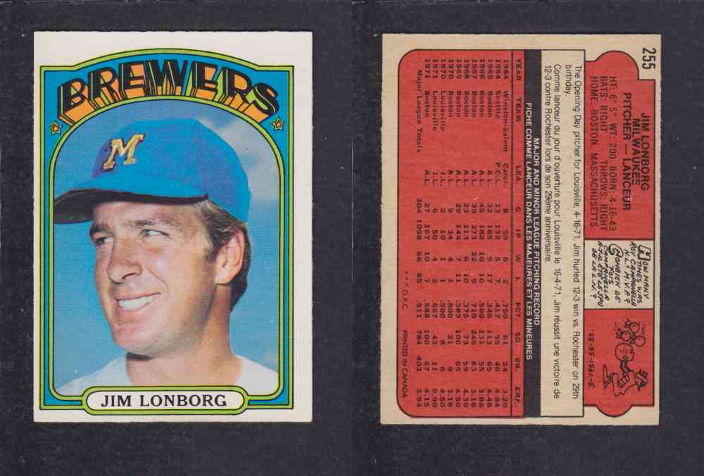 1972 O-PEE-CHEE BASEBALL CARD #255 J. LONBORG photo 1972 O-PEE-CHEE BASEBALL CARD #255 J. LONBORG photo
