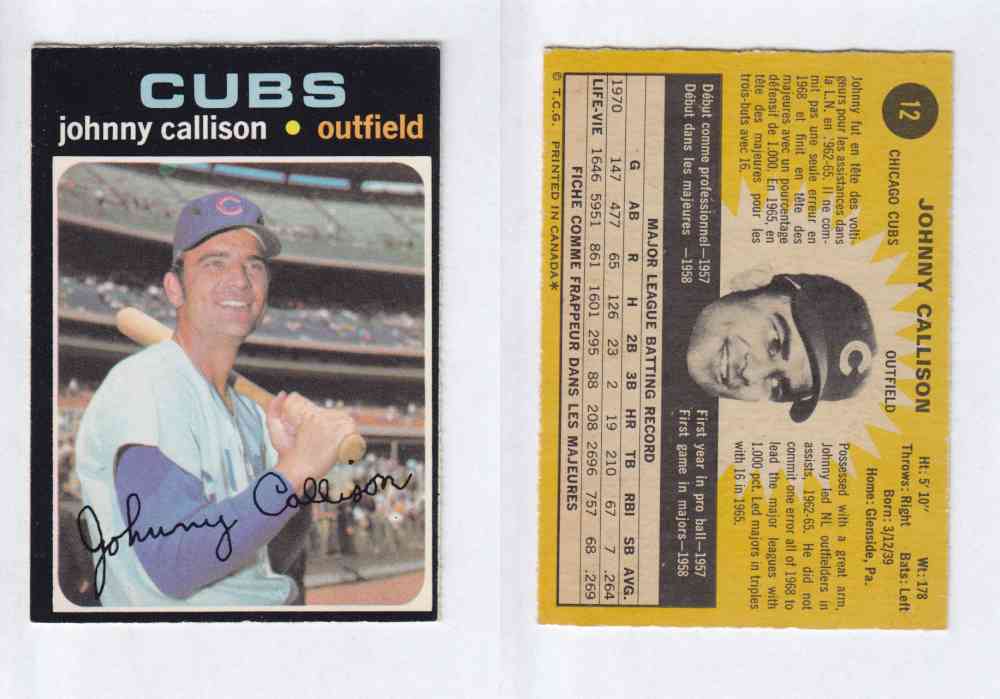 1971 O-PEE-CHEE BASEBALL CARDS #12 J. CALLISON photo 1971 O-PEE-CHEE BASEBALL CARDS #12 J. CALLISON photo