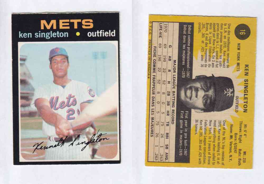 1971 O-PEE-CHEE BASEBALL CARDS #16 K. SINGLETON photo 1971 O-PEE-CHEE BASEBALL CARDS #16 K. SINGLETON photo