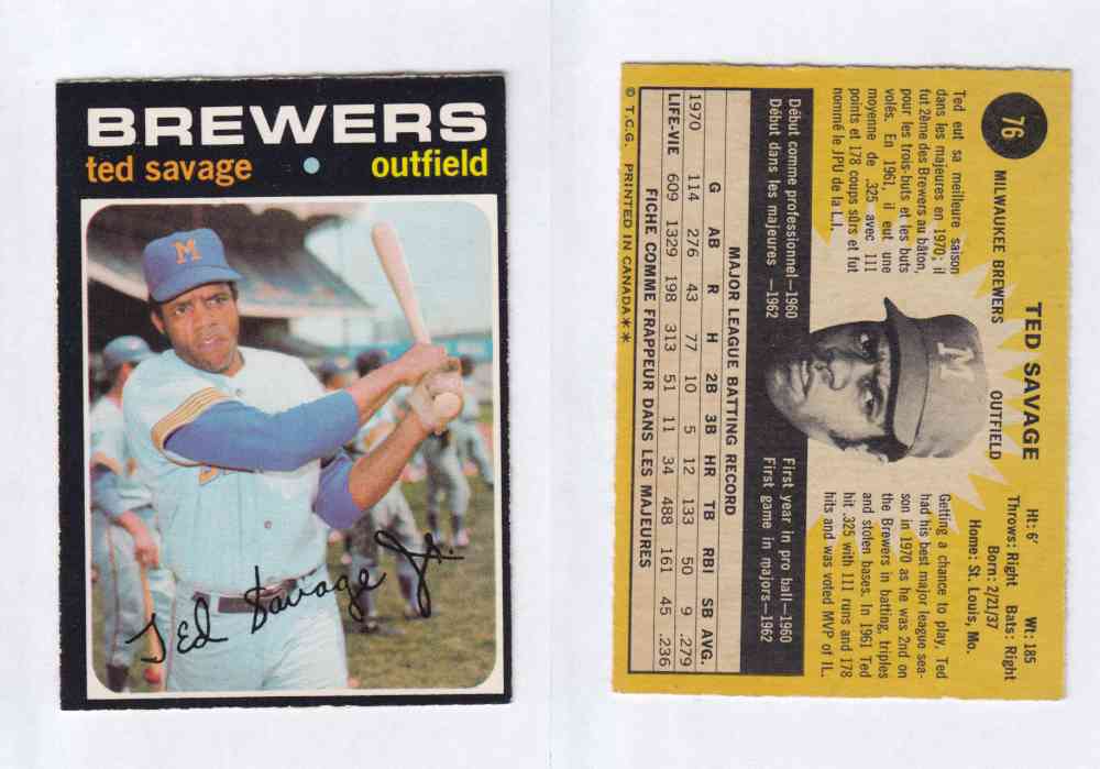1971 O-PEE-CHEE BASEBALL CARDS #76 T. SAVAGE photo 1971 O-PEE-CHEE BASEBALL CARDS #76 T. SAVAGE photo