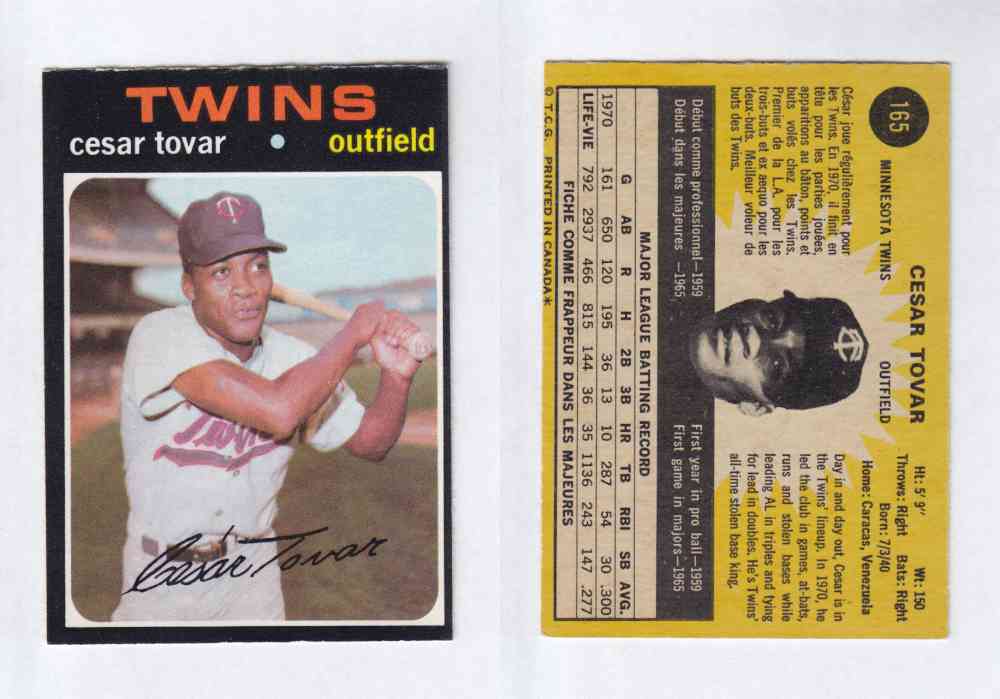 1971 O-PEE-CHEE BASEBALL CARDS #165 C. TOVAR photo 1971 O-PEE-CHEE BASEBALL CARDS #165 C. TOVAR photo