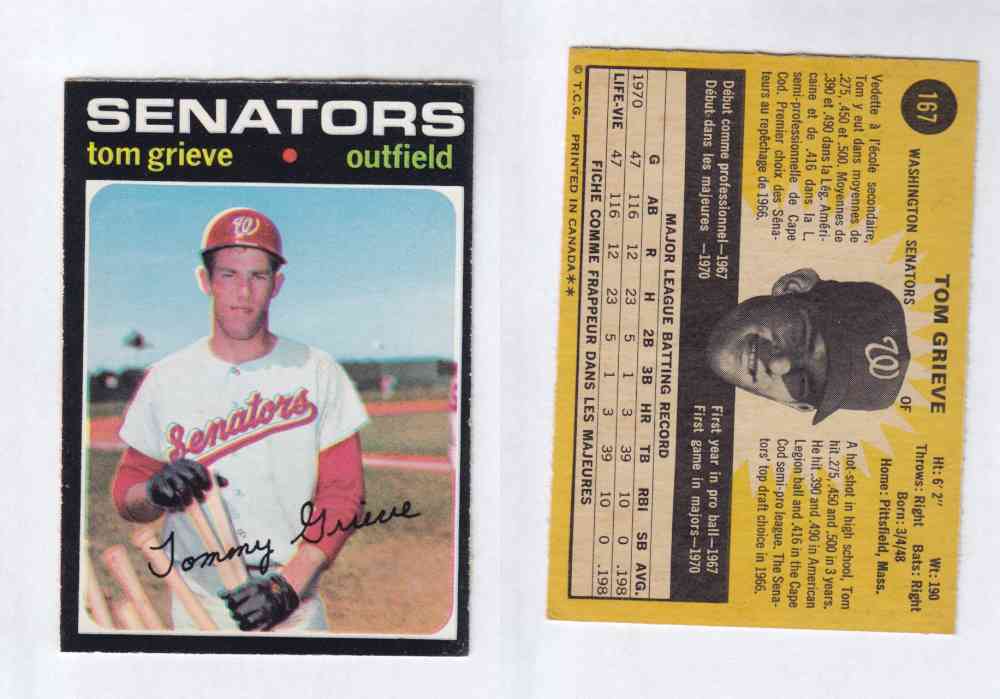 1971 O-PEE-CHEE BASEBALL CARDS #167 T. GRIEVE photo 1971 O-PEE-CHEE BASEBALL CARDS #167 T. GRIEVE photo