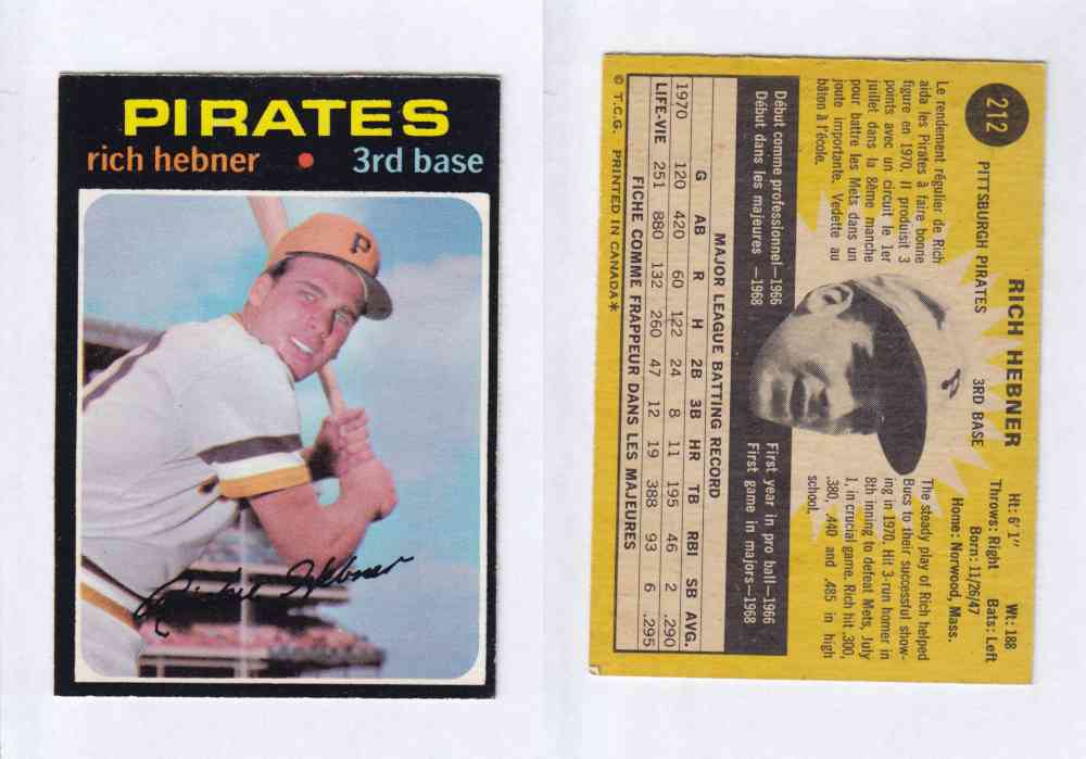 1971 O-PEE-CHEE BASEBALL CARDS #212  R. HEBNER photo