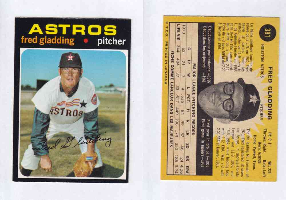 1971 O-PEE-CHEE BASEBALL CARDS #381 F. GLADDING photo 1971 O-PEE-CHEE BASEBALL CARDS #381 F. GLADDING photo
