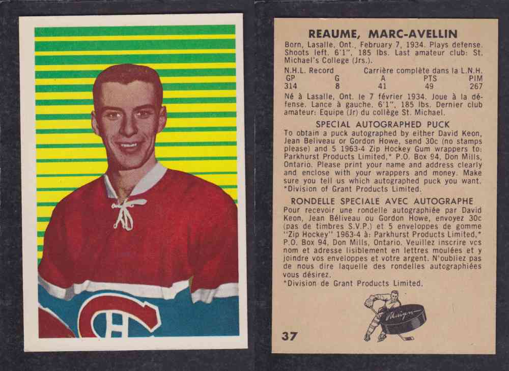 1963-64 PARKURST HOCKEY CARD #37 M. REAUME photo 1963-64 PARKURST HOCKEY CARD #37 M. REAUME photo