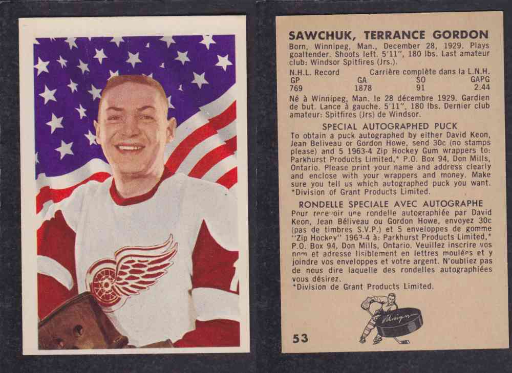 1963-64 PARKURST HOCKEY CARD #53 T. SAWCHUK photo 1963-64 PARKURST HOCKEY CARD #53 T. SAWCHUK photo