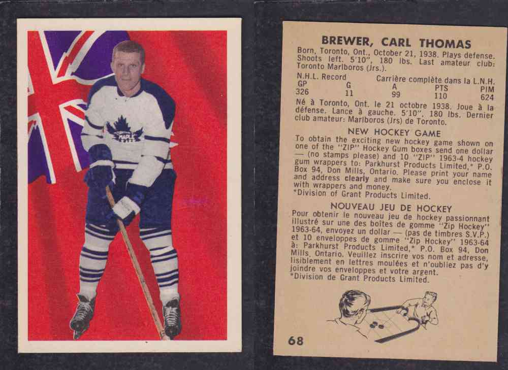 1963-64 PARKURST HOCKEY CARD #68 C. BREWER photo 1963-64 PARKURST HOCKEY CARD #68 C. BREWER photo