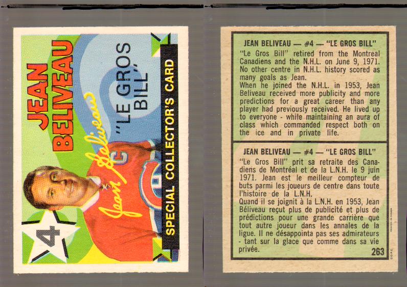 1971-72 O-PEE-CHEE HOCKEY CARD #263 J.BELIVEAU RS photo