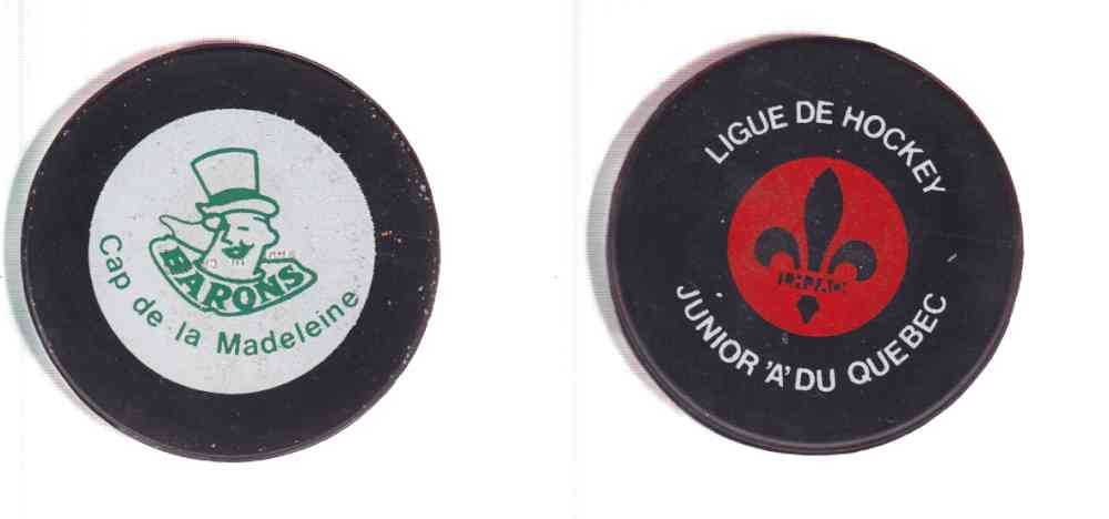 1972-80 B2 BILTRITE QUEBEC JR.A CAP DE LA MADELEINE BARONS GAME PUCK photo 1972-80 B2 BILTRITE QUEBEC JR.A CAP DE LA MADELEINE BARONS GAME PUCK photo