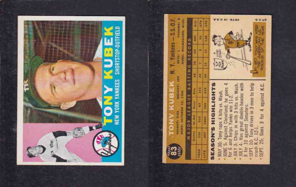 1960 TOPPS BASEBALL CARD #83 T. KUBEK photo 1960 TOPPS BASEBALL CARD #83 T. KUBEK photo