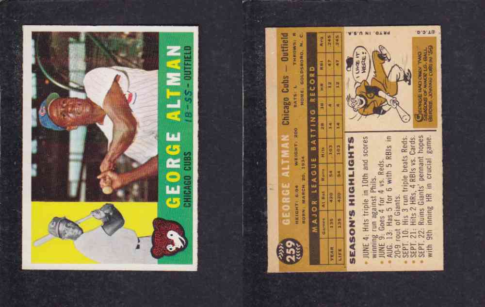 1960 TOPPS BASEBALL CARD #259 G. ALTMAN photo 1960 TOPPS BASEBALL CARD #259 G. ALTMAN photo