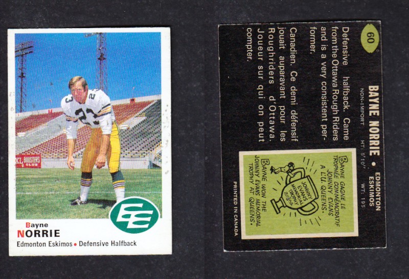1970 CFL O-PEE-CHEE FOOTBALL CARD #60 BAYNE NORRIE photo
