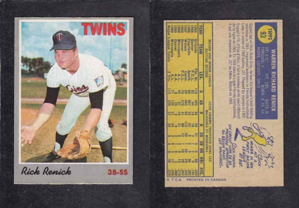 1970 O-PEE-CHEE BASEBALL CARD #93 R. RENICK photo 1970 O-PEE-CHEE BASEBALL CARD #93 R. RENICK photo