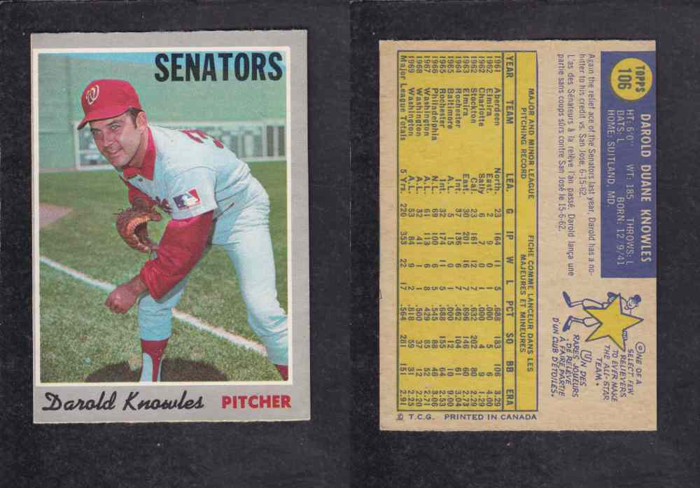 1970 O-PEE-CHEE BASEBALL CARD #106 D. KNOWLES photo 1970 O-PEE-CHEE BASEBALL CARD #106 D. KNOWLES photo
