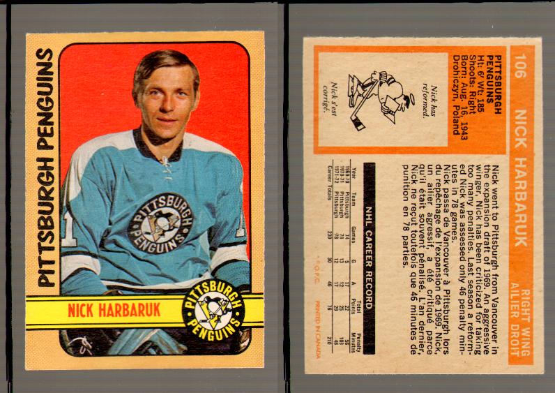 1972-73 O-PEE-CHEE HOCKEY CARD #106 N.HARBARUK photo 1972-73 O-PEE-CHEE HOCKEY CARD #106 N.HARBARUK photo