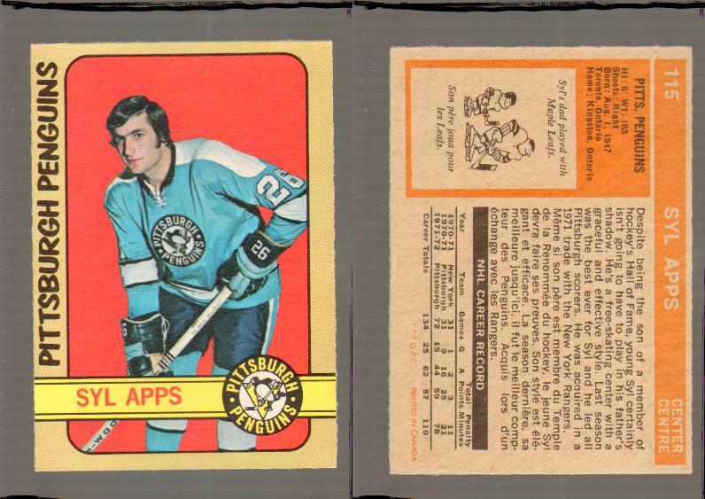 1972-73 O-PEE-CHEE HOCKEY CARD #115 S.APPS photo 1972-73 O-PEE-CHEE HOCKEY CARD #115 S.APPS photo