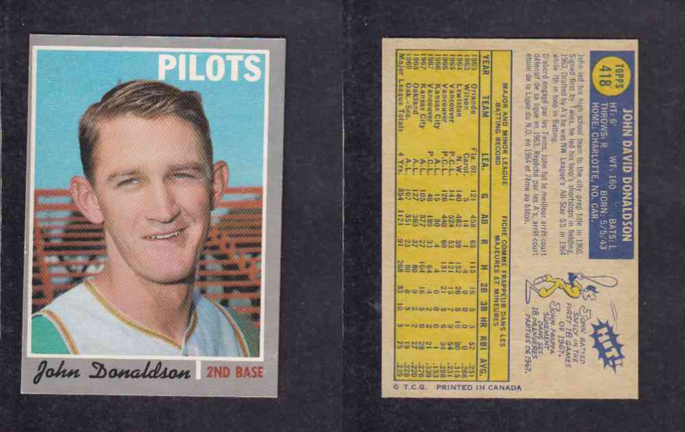 1970 O-PEE-CHEE BASEBALL CARD #418 J. DONALDSON photo 1970 O-PEE-CHEE BASEBALL CARD #418 J. DONALDSON photo