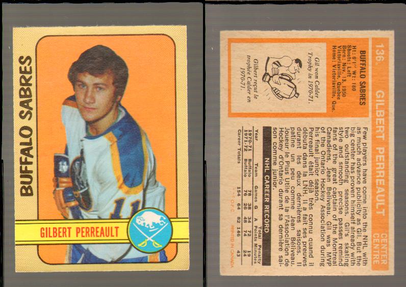 1972-73 O-PEE-CHEE HOCKEY CARD #136 G.PERREAULT photo 1972-73 O-PEE-CHEE HOCKEY CARD #136 G.PERREAULT photo