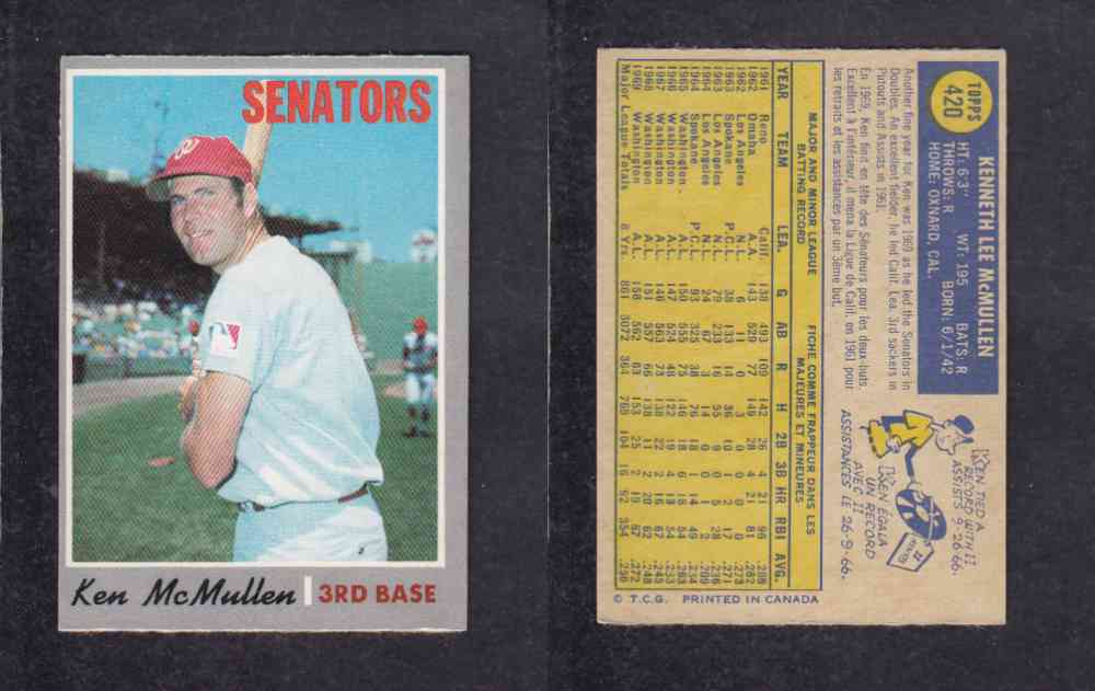 1970 O-PEE-CHEE BASEBALL CARD #420 K. MCMULLEN photo 1970 O-PEE-CHEE BASEBALL CARD #420 K. MCMULLEN photo