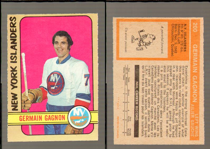1972-73 O-PEE-CHEE HOCKEY CARD #200 G.GAGNON photo 1972-73 O-PEE-CHEE HOCKEY CARD #200 G.GAGNON photo